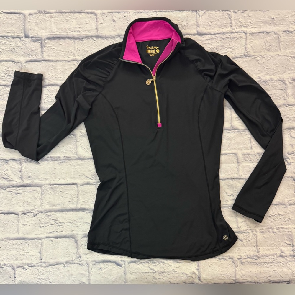 Lilly Pulitzer Sz. S 1/4 zip Black Luxletic lightweight jacket with Pink Accents